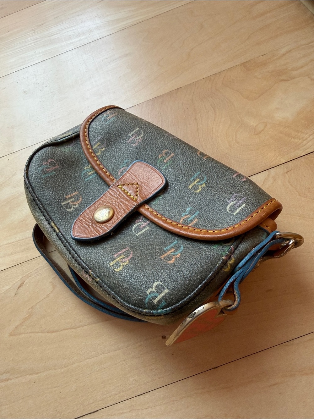 Dooney & Bourke Multicolor Monogram Wristlet with Tan Trim and Blue Strap